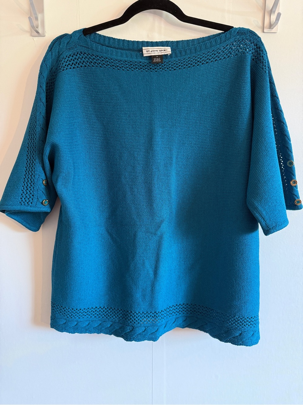St John Sport Wool Blend Knit Sweater Teal Boat Neck Grommet Sleeve Medium